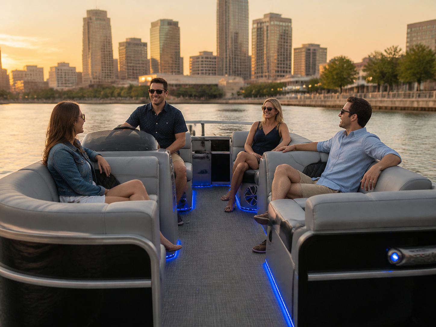 Friends enjoying a golden-hour pontoon cruise