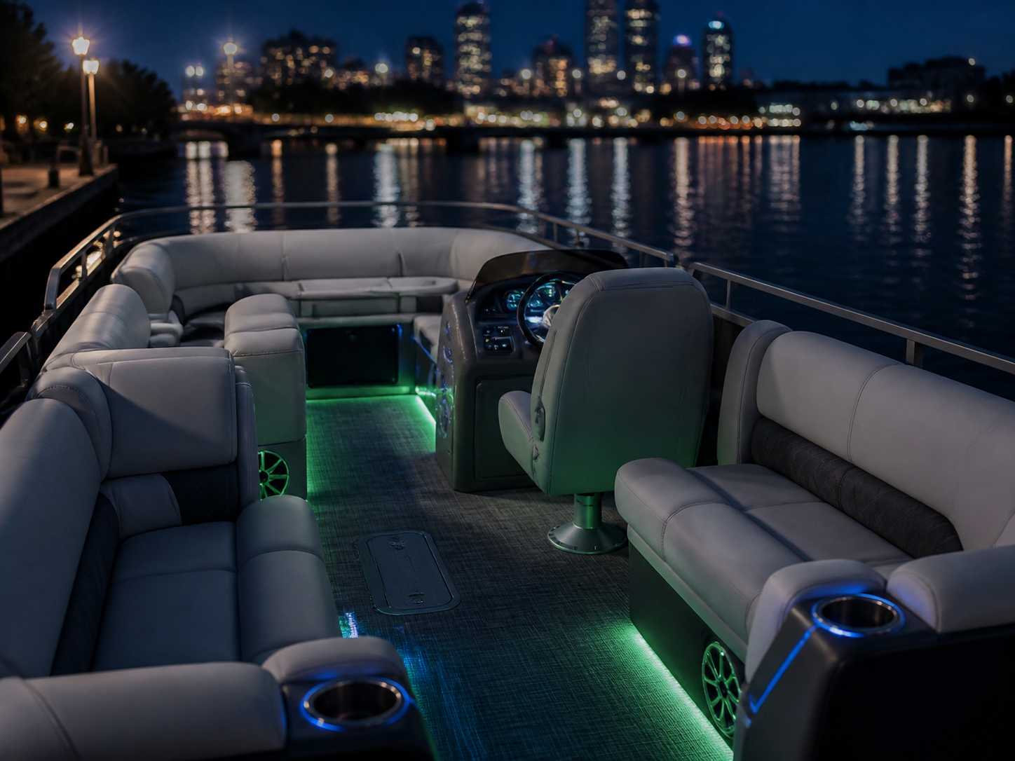 Premium pontoon interior with evening LED lighting